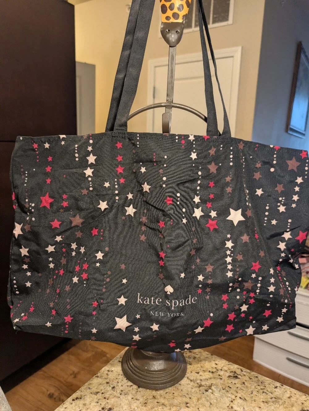 Kate Spade Black Fuchsia Pink Stars Print  Beach Travel Shopping Tote